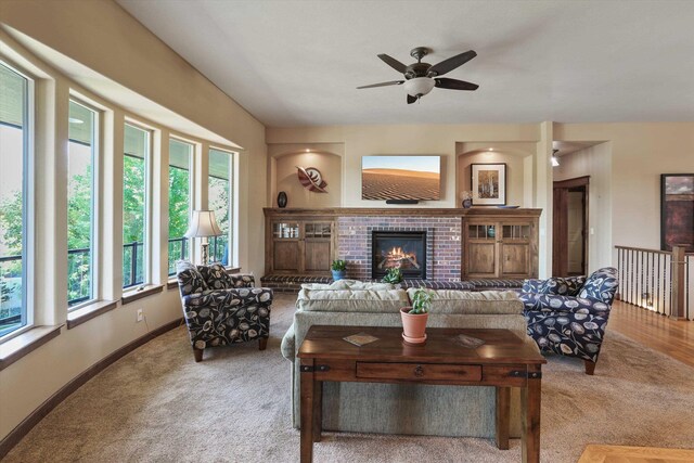 1604 N Rim View St, Spokane, WA 99224 - living area featuring carpet flooring, a ceiling fan, and a fireplace