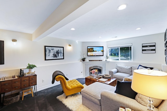 18017 N Lidgerwood Ct, Colbert, WA 99005 - living room with carpet, a lit fireplace, and recessed lighting