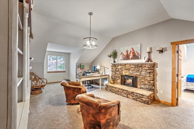 3222 S Conklin Rd, Greenacres, WA 99016 - carpeted living area featuring vaulted ceiling, an office area, and a fireplace