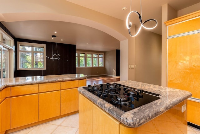 2010 E Pinecrest Rd, Spokane, WA 99203 - kitchen featuring black gas stovetop, a kitchen island, stone countertops, pendant lighting, and recessed lighting