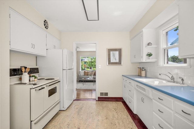 5327 N Jefferson St, Spokane, WA 99205 - kitchen featuring electric stove, white cabinetry, tasteful backsplash, wood finished floors, and light countertops