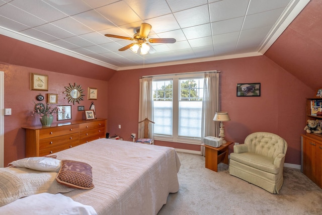 814 E Montgomery Ave, Spokane, WA 99207 - bedroom featuring light carpet, crown molding, vaulted ceiling, and ceiling fan