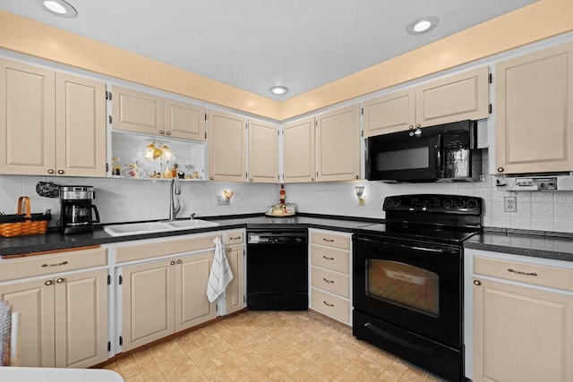 4335 W Excell Ave, Spokane, WA 99208 - kitchen featuring black appliances, dark countertops, tasteful backsplash, light floors, and recessed lighting
