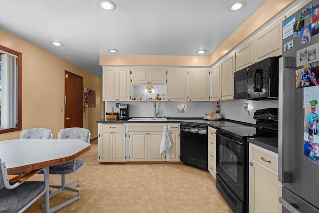 4335 W Excell Ave, Spokane, WA 99208 - kitchen featuring black appliances, dark countertops, decorative backsplash, recessed lighting, and open shelves