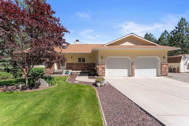 3314 W Eagles Nest Ln, Spokane, WA 99208 - ranch-style home featuring a garage, brick siding, a front yard, driveway, and a chimney