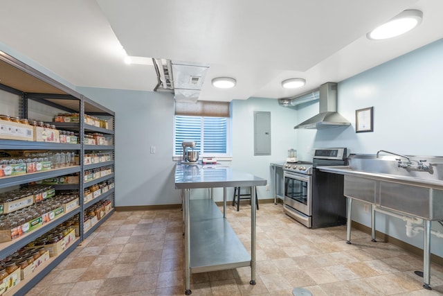 9617 N Northview Ln, Spokane, WA 99208 - kitchen with electric range, wall chimney range hood, electric panel, and stone finish floors