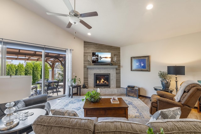 3316 N Coleman St, Post Falls, ID 83854 - living area with wood finished floors, ceiling fan, a tile fireplace, high vaulted ceiling, and recessed lighting