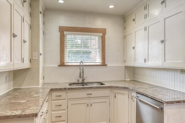 927 W 19th Ave, Spokane, WA 99203 - kitchen with dishwasher, white cabinets, light stone countertops, recessed lighting, and ornamental molding