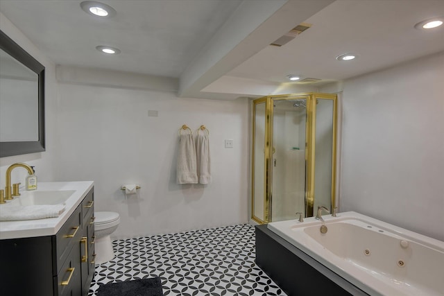 927 W 19th Ave, Spokane, WA 99203 - full bath with a shower stall, vanity, a jetted tub, recessed lighting, and tile patterned floors