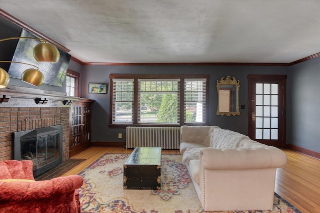 927 W 19th Ave, Spokane, WA 99203 - living room with radiator, wood finished floors, ornamental molding, and a fireplace