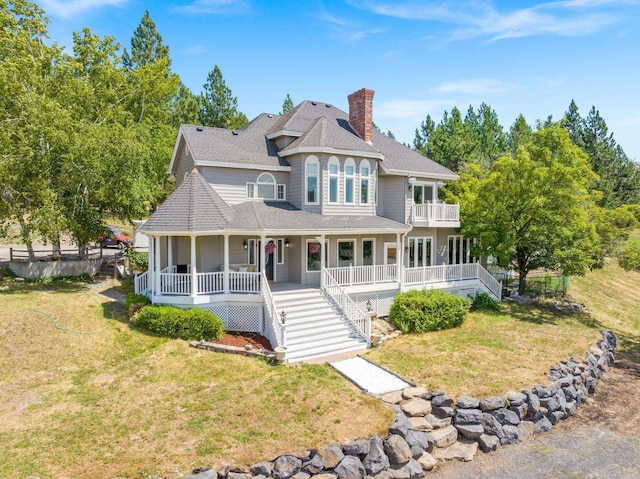 6204 E Custer Ln, Spokane, WA 99223 - victorian home featuring a chimney, a porch, stairs, roof with shingles, and a balcony