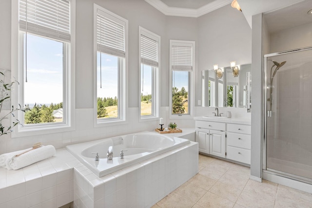 6204 E Custer Ln, Spokane, WA 99223 - bathroom featuring vanity, a garden tub, a shower stall, plenty of natural light, and ornamental molding