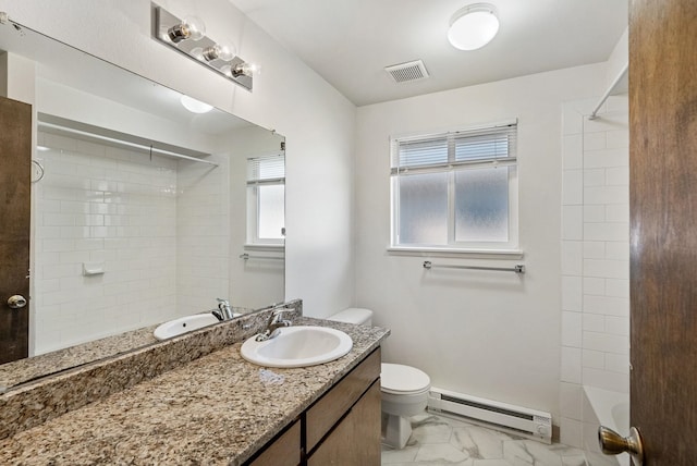 6125 N Addison St, Spokane, WA 99208 - bathroom featuring a baseboard heating unit, marble finish floors, vanity, and washtub / shower combination