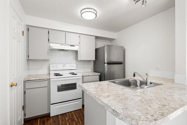 6125 N Addison St, Spokane, WA 99208 - kitchen featuring white electric stove, freestanding refrigerator, under cabinet range hood, a peninsula, and light countertops