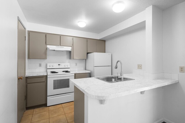 6125 N Addison St, Spokane, WA 99208 - kitchen with white appliances, under cabinet range hood, a peninsula, gray cabinets, and a breakfast bar