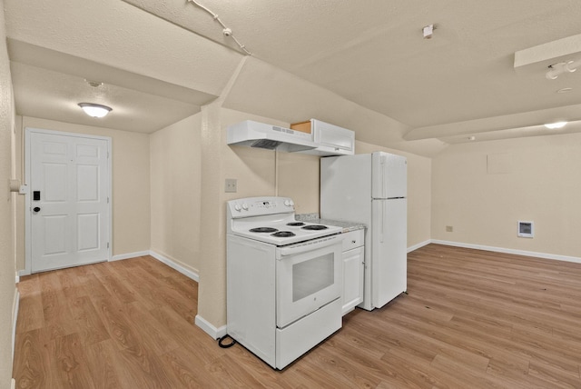 903 S Adams St, Spokane, WA 99204 - kitchen featuring white appliances, range hood, light wood-style floors, white cabinetry, and a textured ceiling
