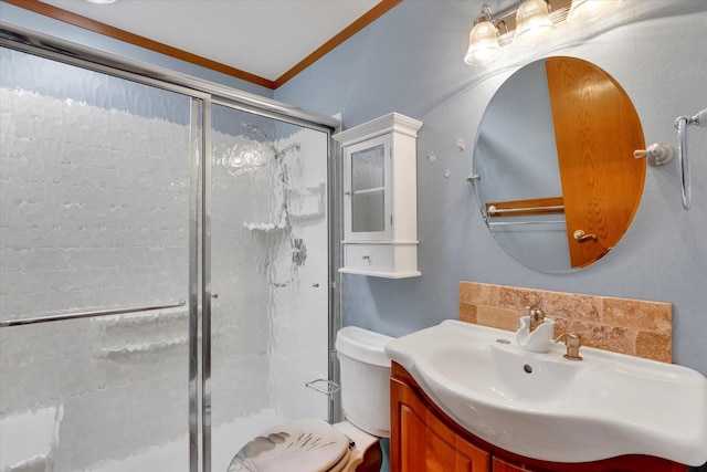8722 E Boardwalk Ln, Spokane, WA 99212 - full bathroom featuring a stall shower, vanity, crown molding, and decorative backsplash