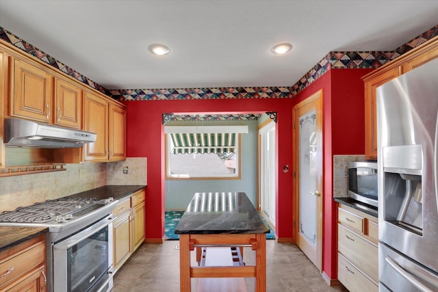 8722 E Boardwalk Ln, Spokane, WA 99212 - kitchen featuring under cabinet range hood, stainless steel appliances, dark countertops, tasteful backsplash, and recessed lighting