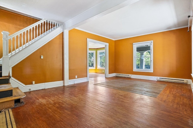 1304 W 15th Ave, Spokane, WA 99203 - unfurnished living room featuring wood finished floors, crown molding, stairs, and a baseboard heating unit