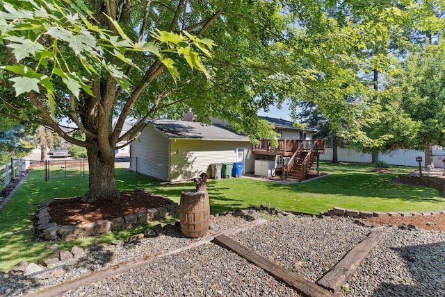 11919 S Player Dr, Spokane, WA 99223 - fenced backyard featuring stairway and a wooden deck
