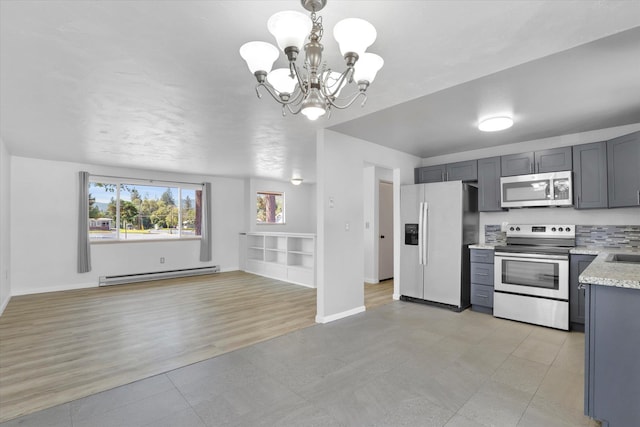 10109 E 9th Ave, Spokane Valley, WA 99206 - kitchen featuring stainless steel appliances, a baseboard radiator, a chandelier, and gray cabinets