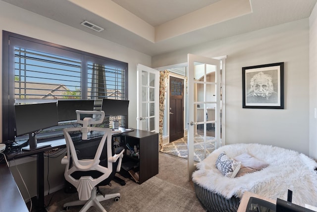 1115 S Mcmillan Rd, Spokane Valley, WA 99016 - carpeted home office with french doors and a raised ceiling