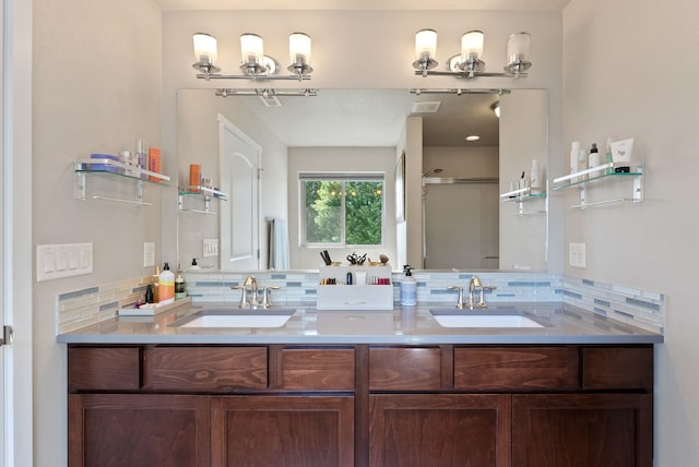 1115 S Mcmillan Rd, Spokane Valley, WA 99016 - bathroom with decorative backsplash, double vanity, and a shower stall