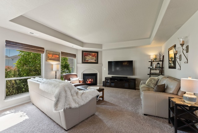 1115 S Mcmillan Rd, Spokane Valley, WA 99016 - living room with a tray ceiling, carpet, and a glass covered fireplace