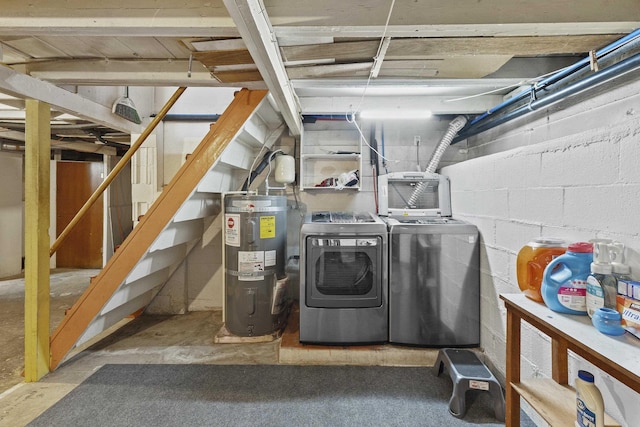 7225 E 11th Ave, Spokane, WA 99212 - unfinished below grade area featuring water heater, separate washer and dryer, concrete block wall, and stairs