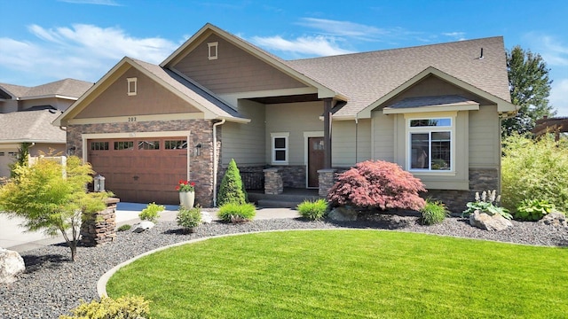 202 E Alexa Ct, Spokane, WA 99208 - craftsman-style house featuring stone siding, a garage, a front yard, and roof with shingles