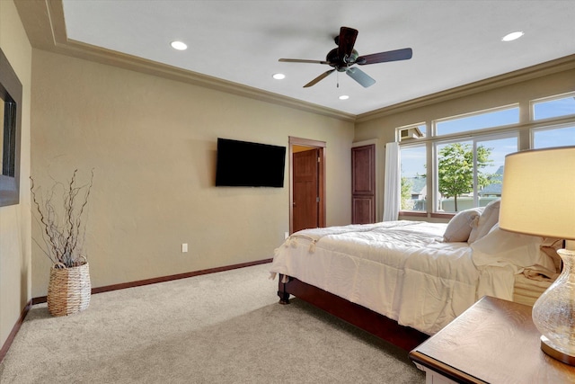 202 E Alexa Ct, Spokane, WA 99208 - bedroom with light colored carpet, recessed lighting, ceiling fan, and ornamental molding