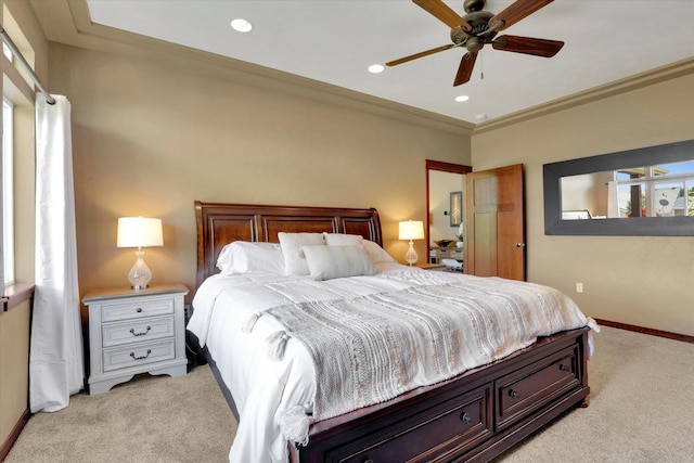 202 E Alexa Ct, Spokane, WA 99208 - bedroom featuring light colored carpet, crown molding, recessed lighting, and a ceiling fan