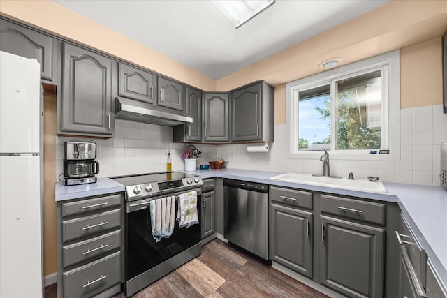 14020 S Sharp Ave, Spokane Valley, WA 99216 - kitchen with appliances with stainless steel finishes, under cabinet range hood, and gray cabinets