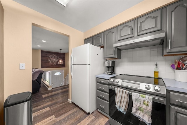 14020 S Sharp Ave, Spokane Valley, WA 99216 - kitchen with electric range, freestanding refrigerator, gray cabinetry, extractor fan, and recessed lighting