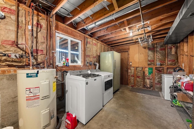 14020 S Sharp Ave, Spokane Valley, WA 99216 - unfinished basement featuring electric water heater, washing machine and clothes dryer, and refrigerator