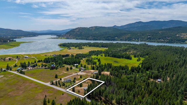 9801 Lakeshore Dr, Sagle, ID 83860 - aerial view of property's location featuring property parcel outlined and a water and mountain view