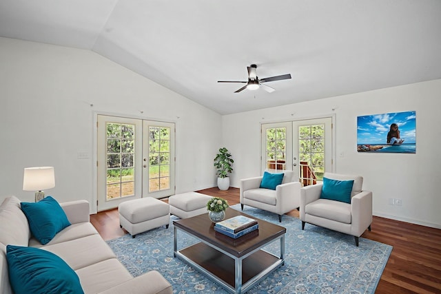 9801 Lakeshore Dr, Sagle, ID 83860 - living area featuring french doors, vaulted ceiling, a ceiling fan, and wood finished floors