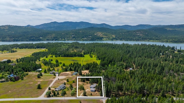9801 Lakeshore Dr, Sagle, ID 83860 - aerial overview of property's location featuring property parcel outlined and a water and mountain view