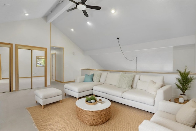 2714 E 11th Ave, Spokane, WA 99202 - living area featuring beamed ceiling, ceiling fan, and high vaulted ceiling