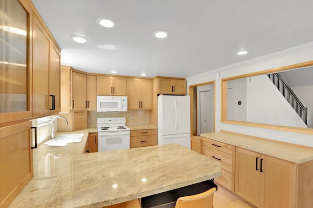 2714 E 11th Ave, Spokane, WA 99202 - kitchen with white appliances, a peninsula, light brown cabinets, glass insert cabinets, and recessed lighting