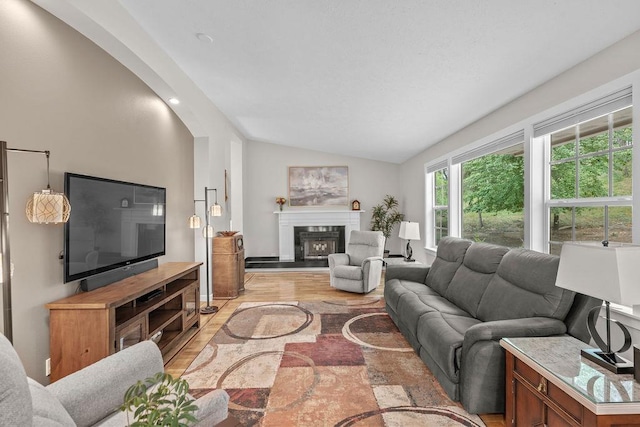 3929 S Best Ct, Veradale, WA 99037 - living area with lofted ceiling, light wood-type flooring, and a glass covered fireplace