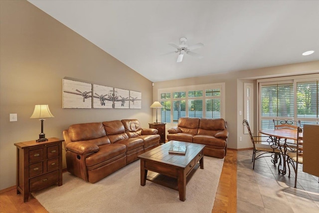 4211 S Greystone Ln Unit 4211, Spokane, WA 99223 - living room featuring a ceiling fan and vaulted ceiling