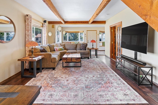 5003 N Normandie St, Spokane, WA 99205 - living area featuring beam ceiling, plenty of natural light, and dark wood-type flooring
