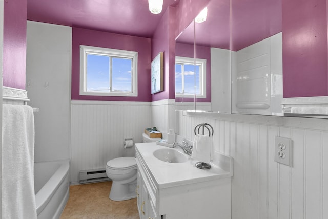 5218 E Commerce Ave, Spokane, WA 99212 - bathroom with baseboard heating, wainscoting, vanity, and tile patterned flooring