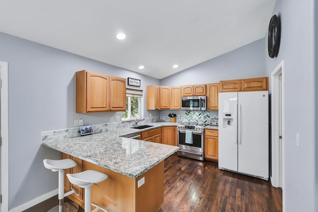 5885 Sandy Court Way, Nine Mile Falls, WA 99026 - kitchen with appliances with stainless steel finishes, light stone countertops, a peninsula, dark wood finished floors, and vaulted ceiling
