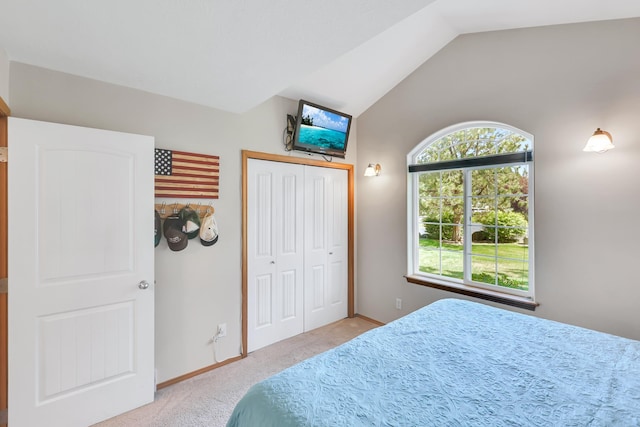 5885 Sandy Court Way, Nine Mile Falls, WA 99026 - bedroom featuring carpet, vaulted ceiling, and a closet