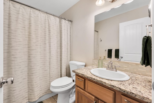 5885 Sandy Court Way, Nine Mile Falls, WA 99026 - bathroom with vanity, tile patterned floors, decorative backsplash, and a shower with curtain