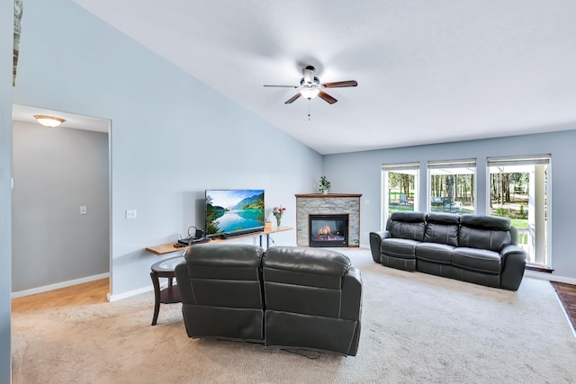 5885 Sandy Court Way, Nine Mile Falls, WA 99026 - living room featuring ceiling fan, carpet, vaulted ceiling, and a fireplace
