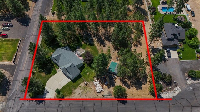 5885 Sandy Court Way, Nine Mile Falls, WA 99026 - aerial view of property and surrounding area featuring property boundaries highlighted