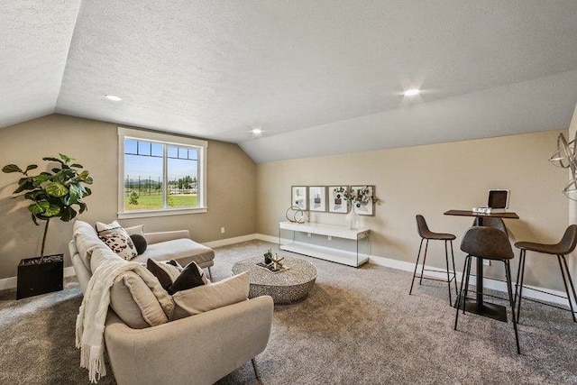 18096 N Morton Ct, Colbert, WA 99005 - carpeted living room featuring vaulted ceiling and a textured ceiling